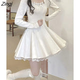 Winter Elegant Lace Y2k Mini Dress Woman Korean Basic Chic Lolita Kawaii Knitted Dress Solid Long Sleeve Short Party
