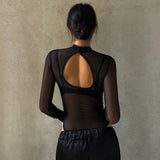 Temperament Light Striped Mesh Perspective Sexy Long Sleeve Half-High Collar Bare Back-To-Back Women's