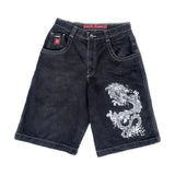 Pocket Embroidered Letter Print Jeans Men's Shorts Summer Vintage Super Wide-Legged