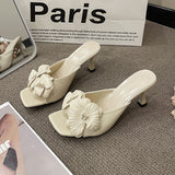 Fine Heel Sandals 2025 Spring And Summer New One-Word Drag Small Fashion Three-Dimensional Flower Women's Shoes