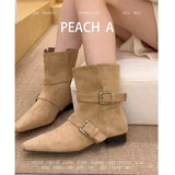 New Autumn Korean Version Of The Sharp-Headed Velvet Belt Buckle Boots Coarse And Middle Heels Brown Western Cowboy