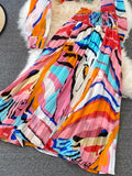 Women Printed Chiffon Two Piece Set Female Turn-Down Collar Single Breasted Blouse + High Waist Pleated Skirt Suit