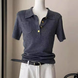 Polo Collar Gray Short-Sleeved Knitted Shirt For Summer Shorts For High-End Temperament Ice Jersey