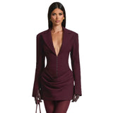Women's Autumn And Winter New Temperament Solid Color V Collar Folding Waist Suit