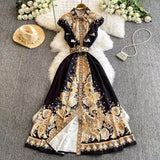 Famous Collar Small Flying Sleeves To Close The Waist Single Buckle Print Dress Female Thin Elegant Temperament