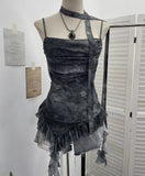 Shooting Round Neck Fluttering Dye Printing Irregular Lotus Leaf Side Mesh Slings Slings Sleeveless Top