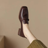 Brown Thick Heel Small Leather Shoes Women 2025 Spring New Temperament Retro Style Side In The Heel Women Single