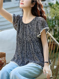 The Age Of Small Broken Flowers Leaves Side Short Sleeve Dolls Holiday Chindal Shirt Women Summer Belly Cover Tops High-End