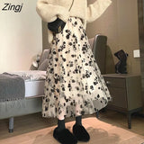 Tulle Skirt Women Vintage Butterfly Embroidery Elastic High Waist A-Line Mesh Pleated Skirt Female Midi Skirt Faldas