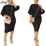 Bohemian O Neck Puff Sleeve Pleated Sundress Women Sexy Casual Solid Dress Party Fashion Vintage