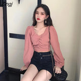 Women Solid Spring New Arrival Retro Puff Sleeve Tunic Crop Top Elegant Sexy Bodycon Long Sleeve Shirt Korean Lady