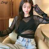 Women Solid See-through Mesh Sexy Sunscreen Sweet Hot Sale 2XL Summer 2020 New Womens Long Sleeve Femme Tops