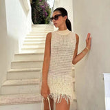 2025 New Women's Small Fragrant Wind Knit Vest Skirt Tassel Decoration Sleeveless Round Collar Hollow Short