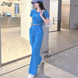 Women Crop T-shirts Short Sleeve Letter Wide Leg Pants Fashion Chic Ulzzang Summer Thin Streetwear Harajuku Girls