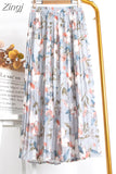 Women 2023 High Waist Floral Print Mid Calf Long Pleated Skirt Girls Summer Vintage Elegant Chiffon Midi