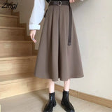 Skirts Women Mid-calf High Waist Friends Korean Style Elegant College Spring Autumn All-match Jupe Mujer Faldas Female