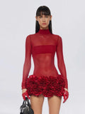 New Sexy Mesh Perspective High-Necked Long-Sleeved Dress Dress Body High-End Temperament Floral Dress Dress Dress