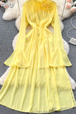 Vintage Purple/Green/Orange Long Dress Women Elegant Stand Collar Flare Sleeve High Waist A-Line Slim Tie Flower