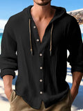 New Fashion Spring And Summer Men's Hooded Shirt Solid Cotton And Cotton Leisure Long-Sleeved