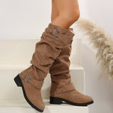 And Winter New Folded Flat Bottom Western Cowboy Boots Buckle Boots Coarse And Thin Barrel Knight