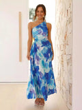 Women's New Printed Dress Fashion Sexy Slanted Shoulder Folded Empty Dress