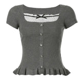 Cloth Forget French Ballet Style Striped Bow Lace Spliced Skirt Dress