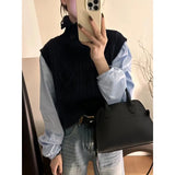Zingj 2024 New European Goods Button High-Neck Knit Vest Female Retro Button Pure Color Rhomenge Vest Tide-Outfit