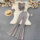 Suit Women Feel Low-Neck Short Top With High-Waisted Flared Trousers Fashion Two