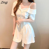 Shoulder Short Sleeve Dresses Solid Harajuku Vintage Elegant Fashion Korean Mini Summer Chic Females Party Clothes