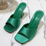 Zingj High Heel Slippers Female Summer Square Head Solid Color A Word Wear Fashion Versatile Ladies Large Size