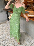 Xixi 2025 Summer New High-Waisted Print Temperament Shoulder Lotus Leaf Side Dress High-End Dress