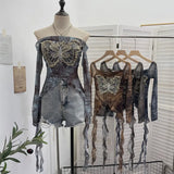 Shot Raging Butterfly Embroidery Y2k Babes Punk Word Shoulder Tie-Dye Mesh T-Shirt With Short Top