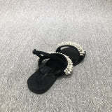 2025 New European Women's Shoes Pearl Sandals One-Word Buckle With Beads Toe Flat Sandals