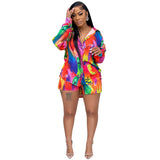 Zingj Fashion Print Casual Style Long Sleeved Shorts 2-Piece Set Women's