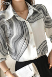 Women's Shirt Spring Clothing for Women Ink Painting Pattern Polo Neck Tops Basic Button Up Long Sleeve Shirts for