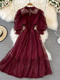Women Lace Dress Spring Summer Elegant Stand Collar Puff Sleeve High Waist Party Vestidos Female Runway Robe 2023