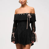 Black Off-Shoulder Lace Sleeve Mini Dress- Outfit