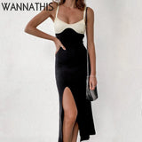 Summer Sleeveless Women Patchwork Cami Midi-Calf Dress V-Neck Side Split Basis Black Casual Clubwear E-Gril Sexy