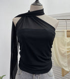 Shooting Mesh Ribbon Hanging Neck Folded Sleeveless Top Babes Two-Wearing Design Wrapping Bras