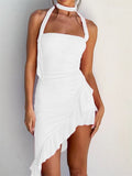 Women Y2K Halter Short Mini Dresses Strapless Off Shoulder Irregular Hem Ruffles Dress Sexy Female Vestidos 2023