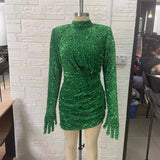 Hot Green Velvet Velvet Sleeve Small High-Neck Dress Fashion Party Show