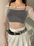 Streetwear Off Shoulder Fishnet Top Cropped Casual Sexy Summer T-shirts Women Gothic Clothes Hollow Out Tee