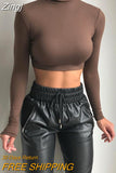 Turtleneck Long SLeeve White Sexy Crop Tops Casual Fashion T Shirts Black Women Autumn Winter Tees Brown