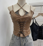 Shooting Locomotive Punk Pu Splicing Fishing Net Hanging Neck Sling Vest Babes Wearing Rope Repair Short Blouse