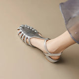 Leather Woven Hollow Out Thick Heel Sandal Female Summer New Retro Round-Shaped Low Heel Cage