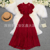 Zingj Retro Round Collar Lace Pressure Pleated Skirt Temperament Goddess Fan Xia New Style Waist Lotus Edge Show Thin