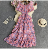 Floral And Haffin Dress Women's New Summer Bubble Short Sleeves To Close The Waist Thin Holiday High-End Cake