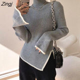 Sweater Women Side-split Flare Sleeve Patchwork Korean Style Sexy Design Slim Popular Stylish Loose Casual