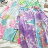 Women Short Sleeve Tie-dye Colorful O-neck Couple Bf Loose Popular Korean Style Harajuku Students Streetwear Tops