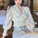 Women Autumn New Arrival Retro French Style Vintage Court Button Lace Lantern Sleeve Short Tops Party Ins Ladies